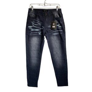 Women's Skinny Fit Dark Blue Jeans W/ Stretch Elastic Waistband & Light Fading